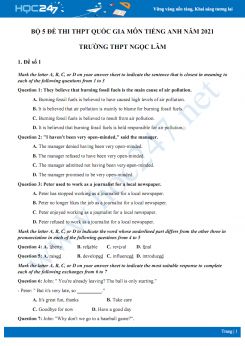 Bộ 5 đề thi thử THPT QG năm 2021 môn Tiếng Anh Trường THPT Ngọc Lâm