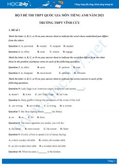 Bộ 5 đề thi thử THPT QG năm 2021 môn Tiếng Anh Trường THPT Vĩnh Cửu