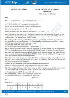 Bộ 4 đề thi thử vào lớp 10 môn Toán có đáp án Trường THCS Mỹ Đức