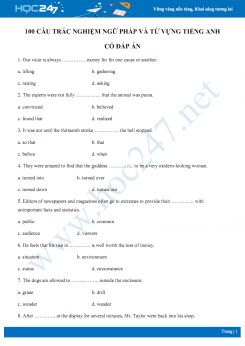 100 câu trắc nghiệm ngữ pháp và từ vựng Tiếng Anh có đáp án
