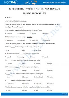 Bộ 5 đề thi thử vào lớp 10 năm 2021 môn Tiếng Anh Trường THCS Cát Lâm