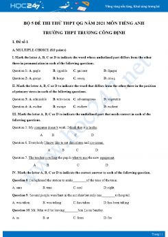 Bộ 5 đề thi thử vào lớp 10 năm 2021 môn Tiếng Anh Trường THCS Trương Công Định