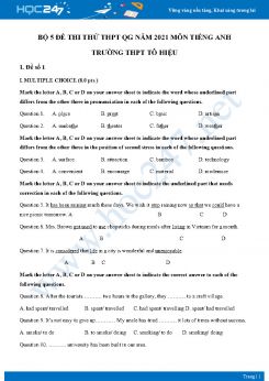 Bộ 5 đề thi thử vào lớp 10 năm 2021 môn Tiếng Anh Trường THCS Tô Hiệu
