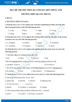 Bộ 5 đề thi thử vào lớp 10 năm 2021 môn Tiếng Anh Trường THCS Quang Trung