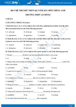 Bộ 5 đề thi thử vào lớp 10 năm 2021 môn Tiếng Anh Trường THCS An Đồng