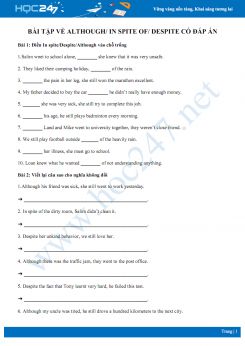 Bài tập về Although và In spite of/ Despite có đáp án