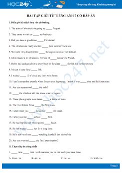 Bài tập giới từ Tiếng Anh 7 có đáp án