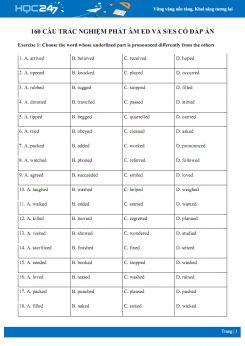 160 câu trắc nghiệm phát âm ed và s/es có đáp án