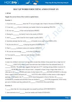 Bài tập Word form Tiếng Anh 8 có đáp án