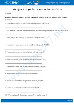 Bài tập viết lại câu Tiếng Anh ôn thi vào 10 có đáp án