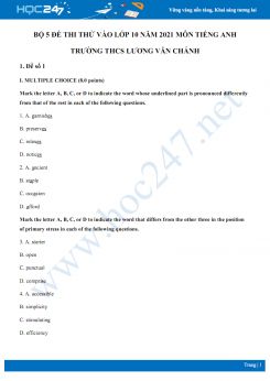 Bộ 5 đề thi thử vào lớp 10 năm 2021 môn Tiếng Anh Trường THCS Lương Văn Chánh