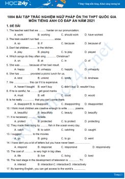 1004 bài tập trắc nghiệm ngữ pháp ôn thi THPT Quốc gia môn TIếng Anh năm 2021