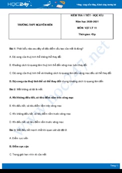 Đề kiểm tra Chương 7 môn Vật Lý 11 Trường THPT Nguyễn Hiền có đáp án