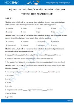 Bộ 5 đề thi thử vào lớp 10 năm 2021 môn Tiếng Anh Trường THCS Phạm Hữu Lầu
