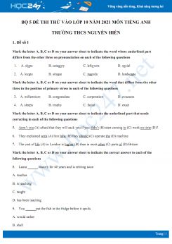 Bộ 5 đề thi thử vào lớp 10 năm 2021 môn Tiếng Anh Trường THCS Nguyễn Hiền