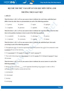 Bộ 5 đề thi thử vào lớp 10 năm 2021 môn Tiếng Anh Trường THCS Sao Việt