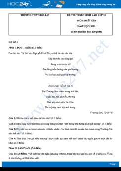 Bộ 3 đề thi tuyển sinh vào lớp 10 năm 2021 môn Ngữ Văn - Trường THCS Hoa Lư