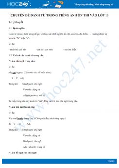 Chuyên đề danh từ trong Tiếng Anh ôn thi vào lớp 10