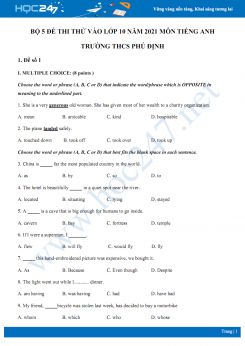 Bộ 5 đề thi thử vào lớp 10 năm 2021 môn Tiếng Anh Trường THCS Phú Định
