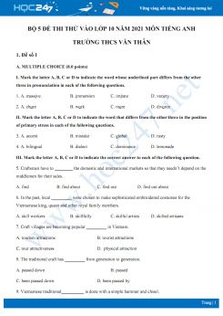 Bộ 5 đề thi thử vào lớp 10 năm 2021 môn Tiếng Anh Trường THCS Văn Thân