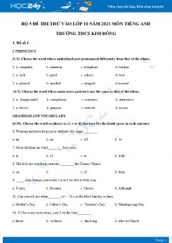 Bộ 5 đề thi thử vào lớp 10 năm 2021 môn Tiếng Anh Trường THCS Kim Đồng