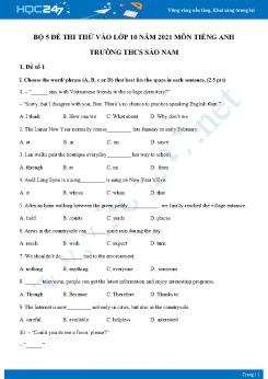 Bộ 5 đề thi thử vào lớp 10 năm 2021 môn Tiếng Anh Trường THCS Sào Nam