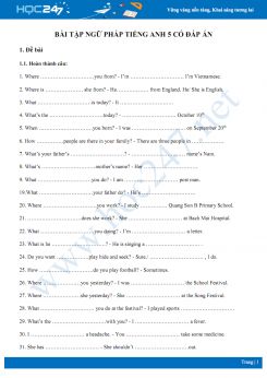 Bài tập ngữ pháp Tiếng Anh 5 có đáp án