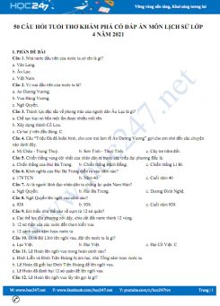 50 câu hỏi Tuổi thơ khám phá có đáp án môn Lịch sử lớp 4 năm 2021