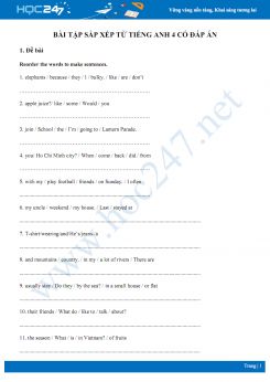 40 câu ôn tập sắp xếp từ Tiếng Anh 4 có đáp án