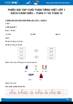 Phiếu bài tập cuối tuần môn Tiếng Việt lớp 1 sách Cánh Diều - Tuần 11 và Tuần 12