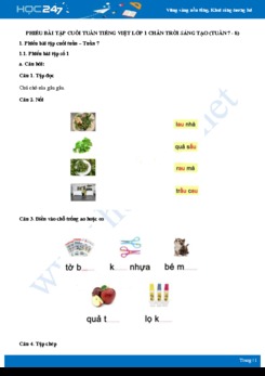 Phiếu bài tập cuối tuần môn Tiếng Việt lớp 1 sách Chân trời sáng tạo - Tuần 7 và tuần 8