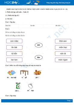 Phiếu bài tập cuối tuần môn Tiếng Việt lớp 1 sách Chân trời sáng tạo - Tuần 11 và tuần 12