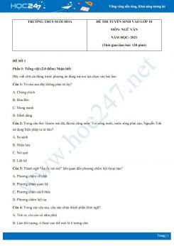 Bộ 3 đề thi tuyển sinh vào lớp 10 năm 2021 môn Ngữ Văn - Trường THCS Suối Hoa