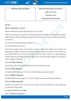 Bộ 3 đề thi tuyển sinh vào lớp 10 năm 2021 môn Ngữ Văn - Trường THCS Đại Phúc