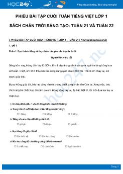 Phiếu bài tập cuối tuần môn Tiếng Việt lớp 1 sách Chân Trời Sáng Tạo - Tuần 21 và Tuần 22