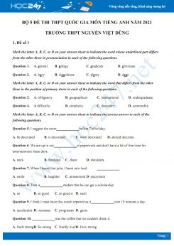 Bộ 5 đề thi thử THPT QG năm 2021 môn Tiếng Anh Trường THPT Nguyễn Việt Dũng