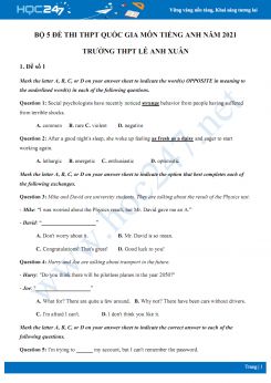 Bộ 5 đề thi thử THPT QG năm 2021 môn Tiếng Anh Trường THPT Lê Anh Xuân