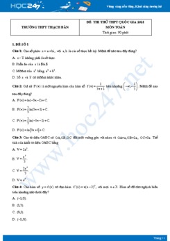 Bộ 4 đề thi thử THPT QG năm 2021 môn Toán - Trường THPT Thạch Bàn