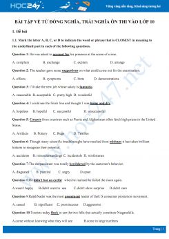 Bài tập về từ đồng nghĩa, trái nghĩa ôn thi vào lớp 10