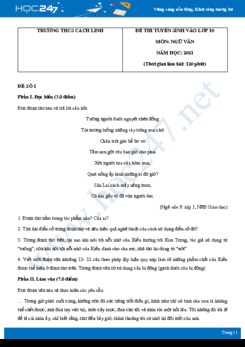 Bộ 3 đề thi tuyển sinh vào lớp 10 năm 2021 môn Ngữ Văn - Trường THCS Cách Linh