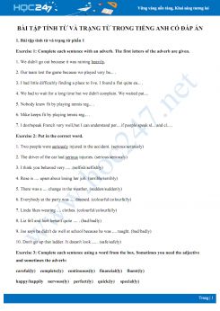 Bài tập tính từ và trạng từ trong Tiếng Anh có đáp án