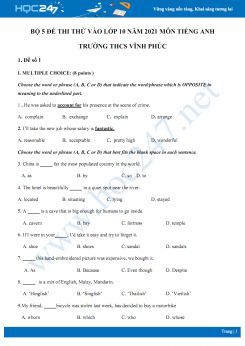 Bộ 5 đề thi thử vào lớp 10 năm 2021 môn Tiếng Anh Trường THCS Vĩnh Phúc