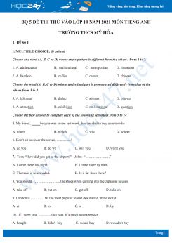 Bộ 5 đề thi thử vào lớp 10 năm 2021 môn Tiếng Anh Trường THCS Mỹ Hóa