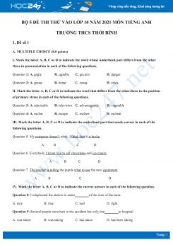 Bộ 5 đề thi thử vào lớp 10 năm 2021 môn Tiếng Anh Trường THCS Thới Bình