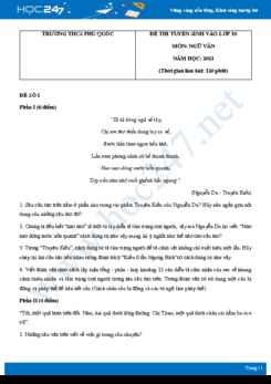 Bộ 3 đề thi tuyển sinh vào lớp 10 năm 2021 môn Ngữ Văn - Trường THCS Phú Quốc