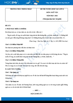 Bộ 3 đề thi tuyển sinh vào lớp 10 năm 2021 môn Ngữ Văn - Trường THCS Thống Nhất