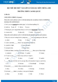 Bộ 5 đề thi thử vào lớp 10 năm 2021 môn Tiếng Anh Trường THCS Cao Bá Quát
