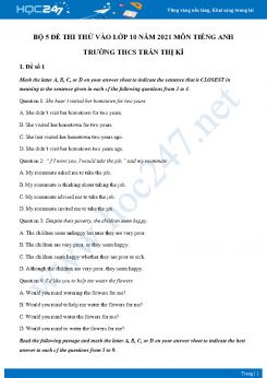 Bộ 5 đề thi thử vào lớp 10 năm 2021 môn Tiếng Anh Trường THCS Hồ Thị Kỷ