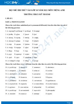Bộ 5 đề thi thử vào lớp 10 năm 2021 môn Tiếng Anh Trường THCS Mỹ Thành
