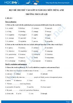 Bộ 5 đề thi thử vào lớp 10 năm 2021 môn Tiếng Anh Trường THCS Lê Lợi